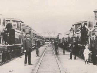 Port Elizabeth - Uitenhage railway built by Cape Colony/Molteno Government in 1870s. Photograph from South African Railways Archives, showing CGR 1st Class 4-4-0TT locomotives that entered service in 1881. Date circa 1882. Public domain.