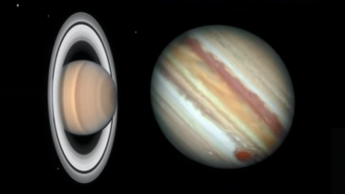 A montage of Saturn and Jupiter.