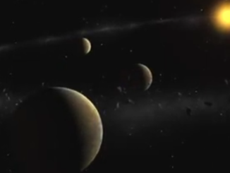 An artist's conception of exoplanets orbiting an alien star.